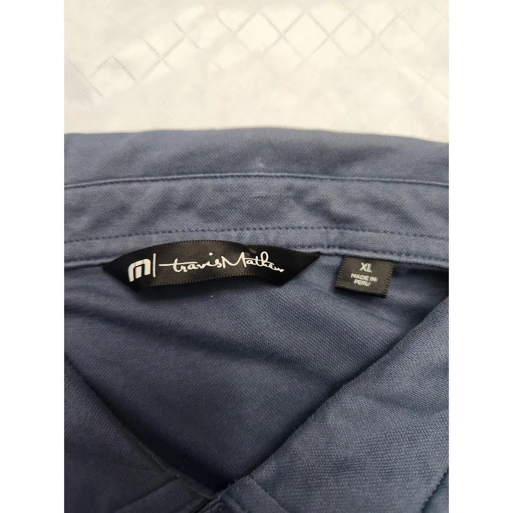 TravisMathew Polo Shirt Mens XL Blue Stripe Chest Logo Golf Pima Cotton Blend